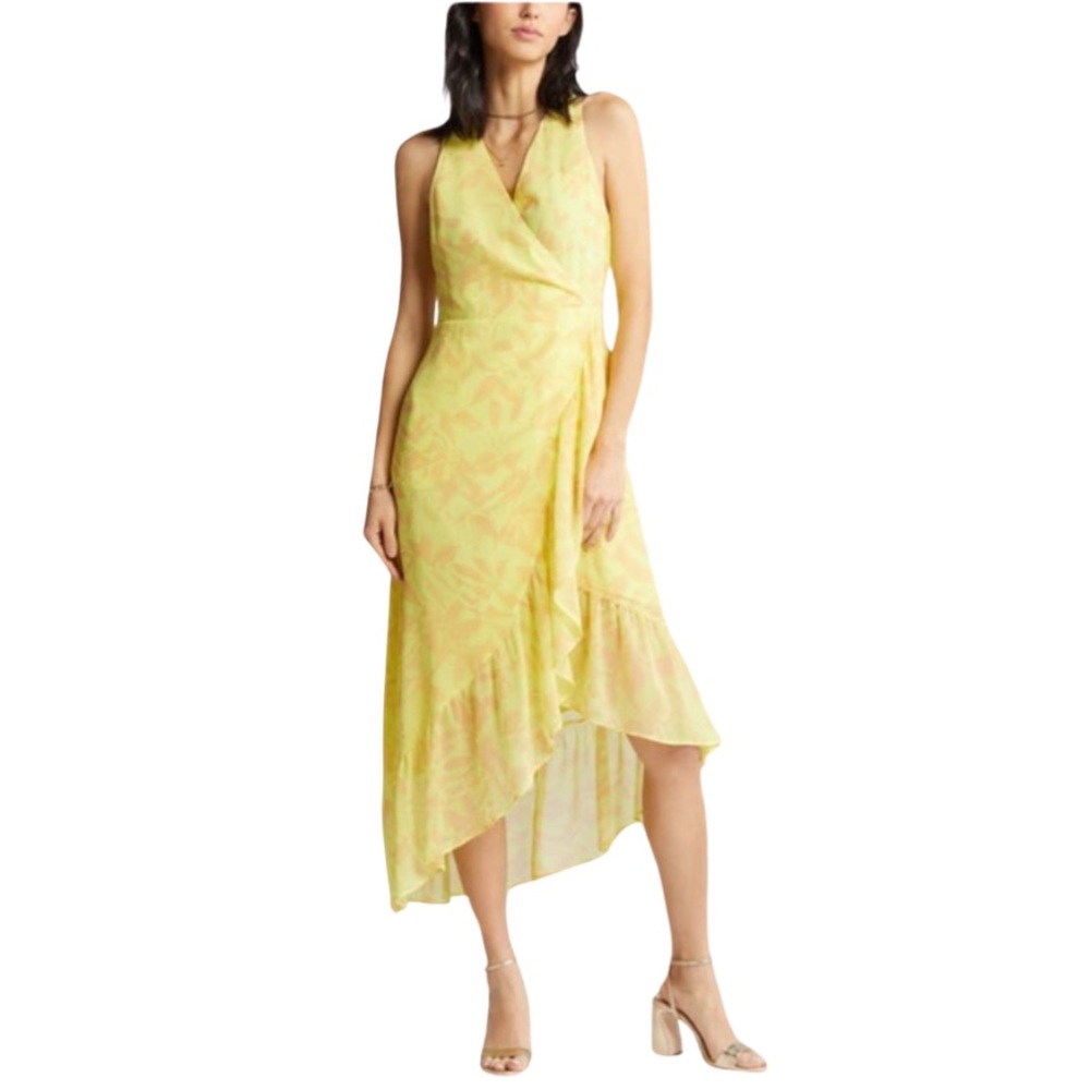 NWT Chelsea28 Floral Print Asymmetric Faux Wrap Dress. Yellow.  Large
